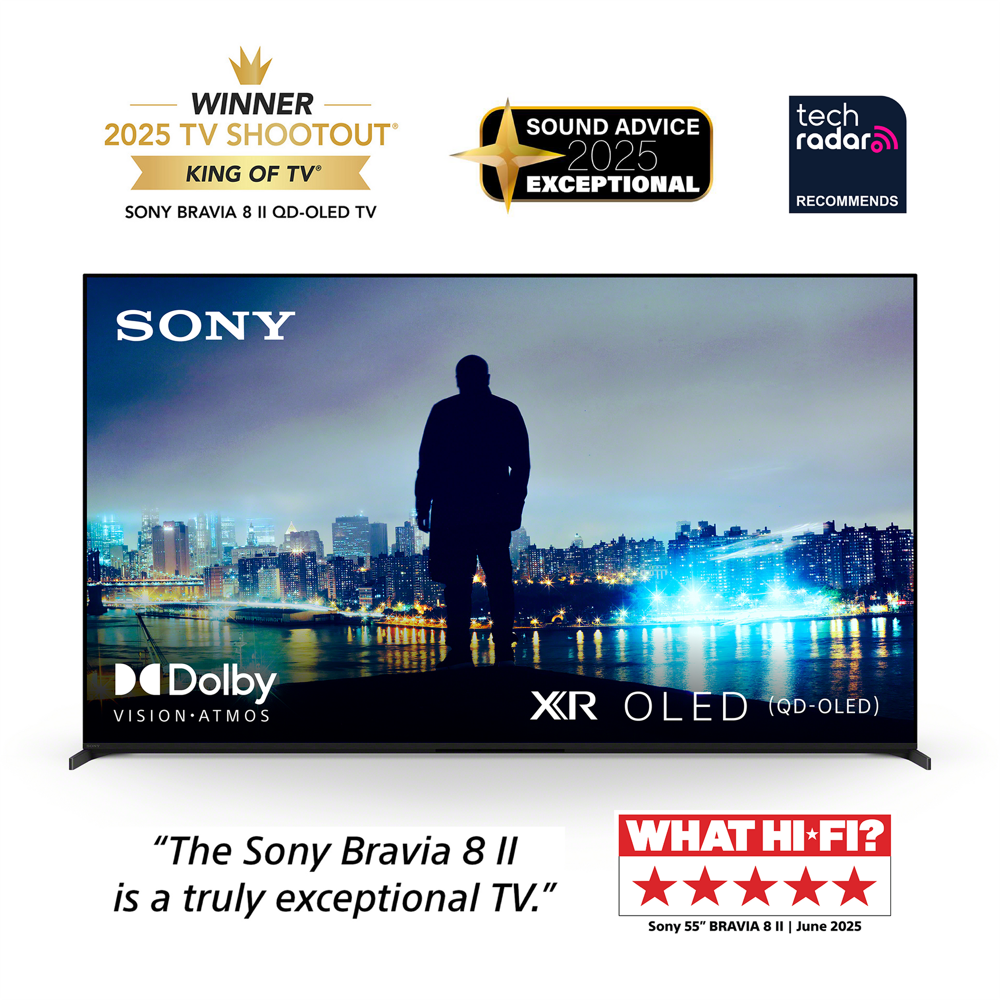 Sony Bravia 8 II TV with awards and accolades on a white background