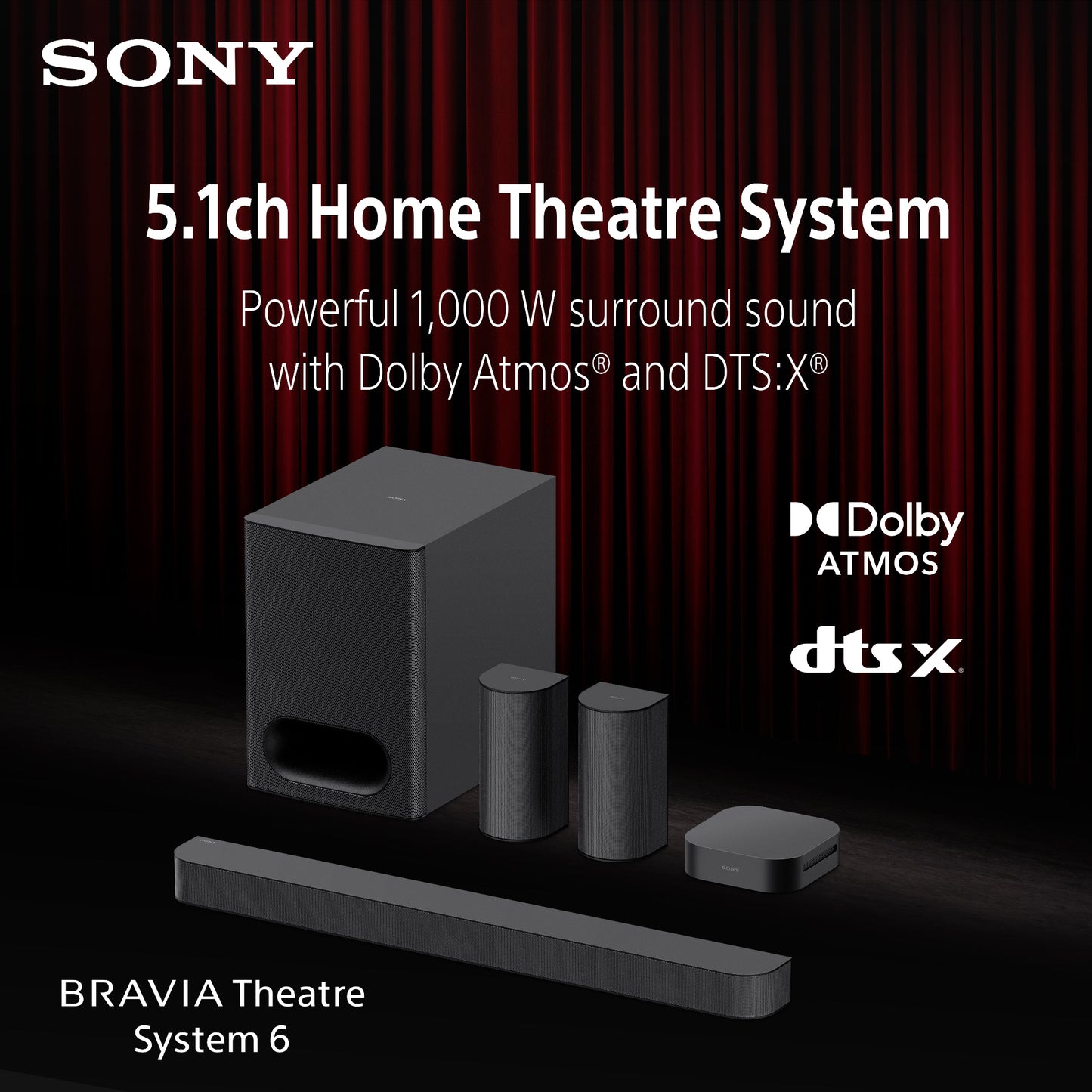 Sony 5.1ch Home Theatre System with Dolby Atmos and DTS:X branding on a dark background.