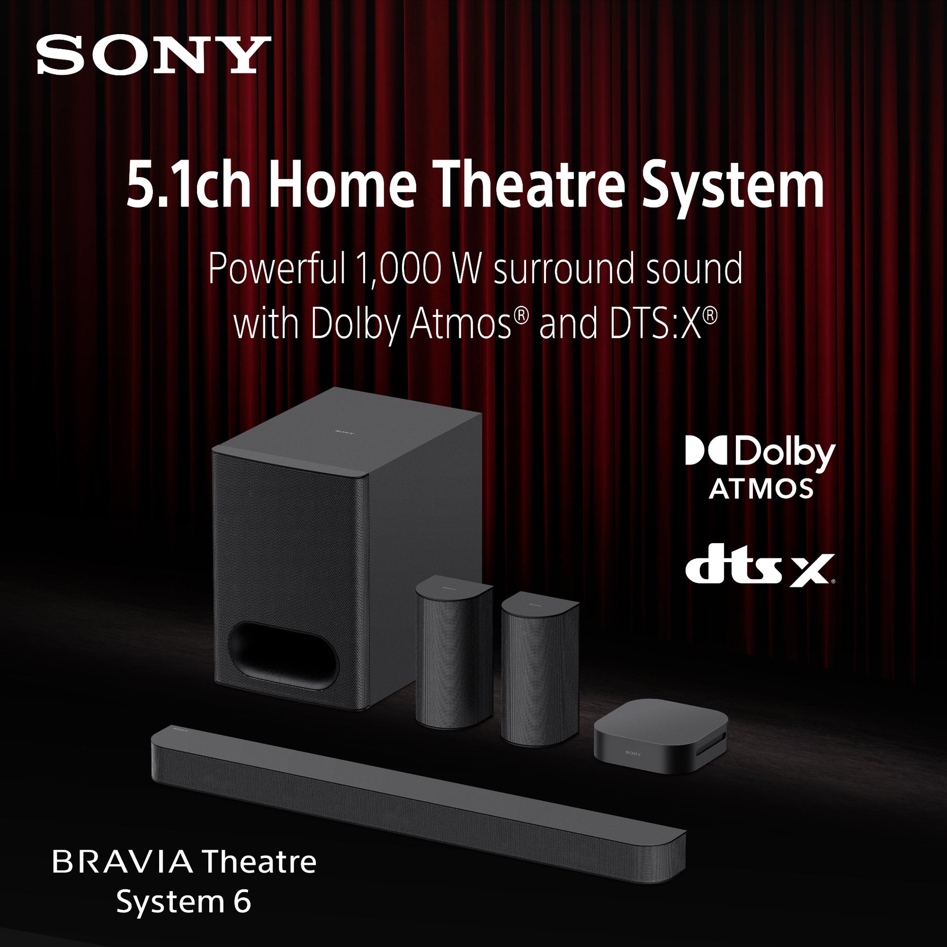 Sony 5.1ch Home Theatre System with Dolby Atmos and DTS:X branding on a dark background.