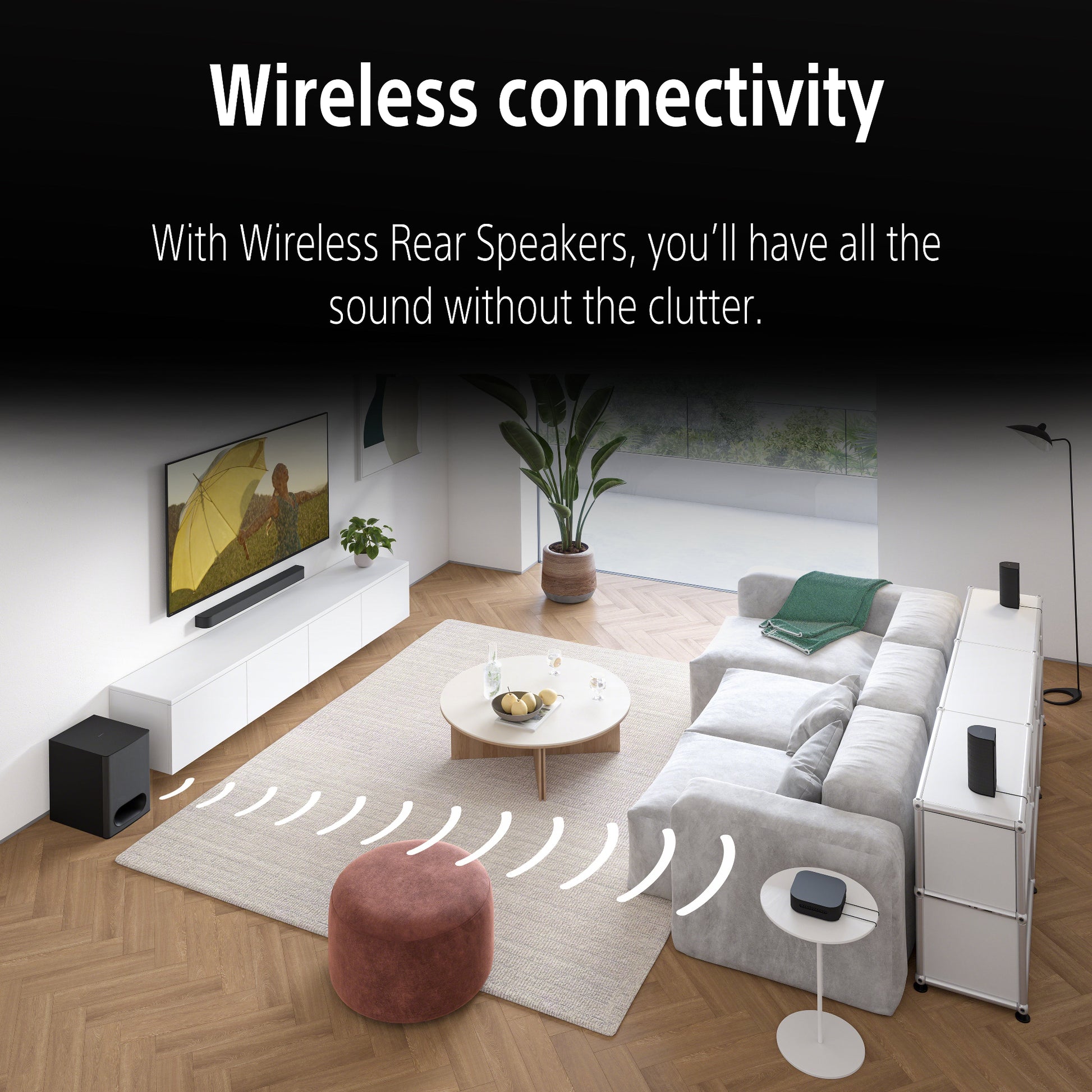 Living room setup with wireless rear speakers and text about wireless connectivity.