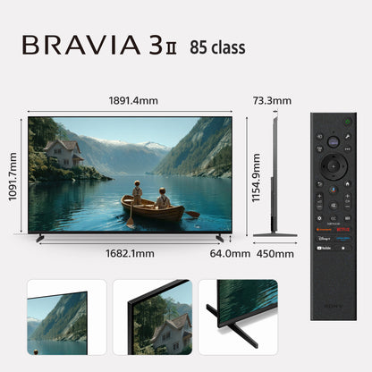 Sony BRAVIA 3II 85 class TV with dimensions and remote control on a white background