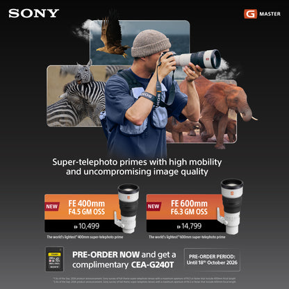 Sony G Master promotional graphic for super-telephoto primes, featuring a central photo of a photographer holding a telephoto lens and two product callouts for the FE 400mm F4.3 GM OSS and FE 600mm F6.