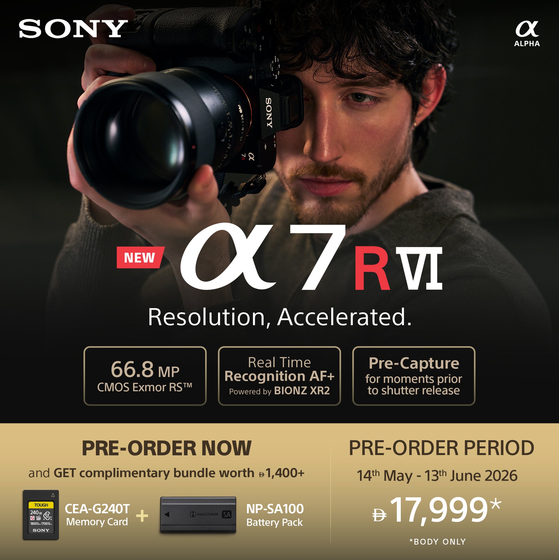 Person holding a Sony camera with promotional text for the Alpha 7R VI.