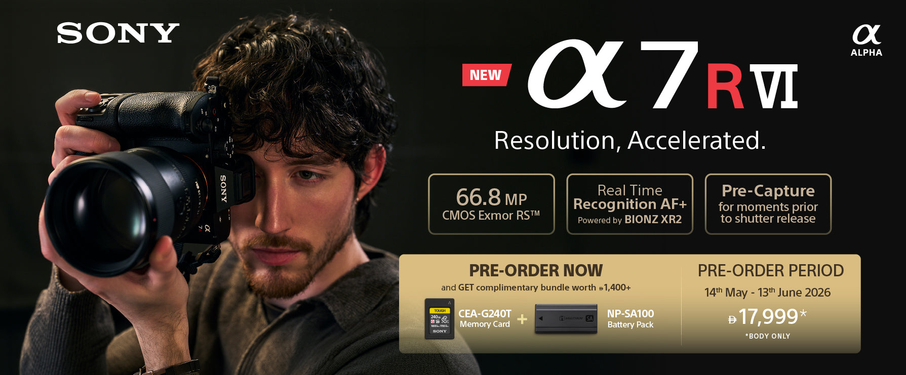 Person holding a camera with Sony Alpha 7R VI promotion on a dark background