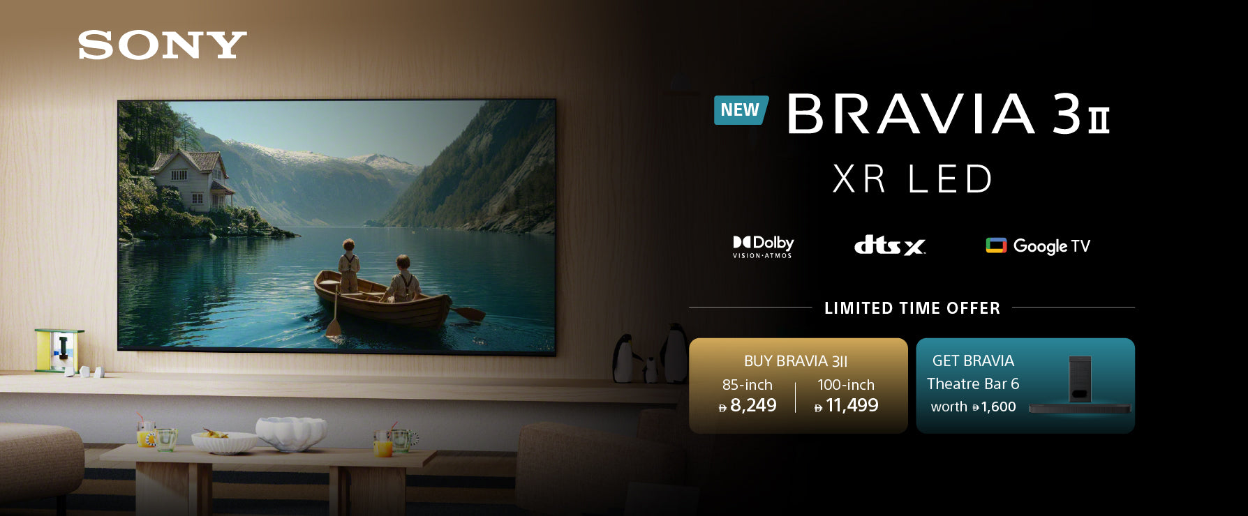 Sony Bravia 3II XR LED television shown in a modern living room setting, with promotional text on the right highlighting Dolby, DTS X, and Google TV.