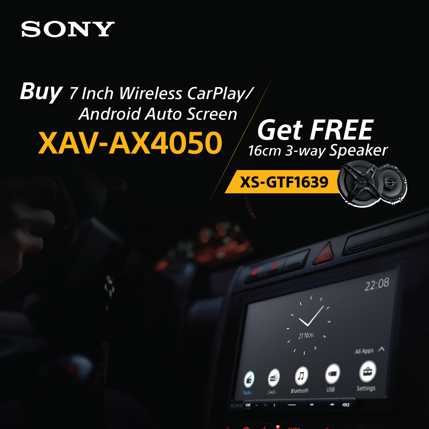 Sony XAV-AX4050 | 17.6 cm (6.95``) DAB Car Audio Digital Multimedia Receiver and get Sony XS-GTF1639