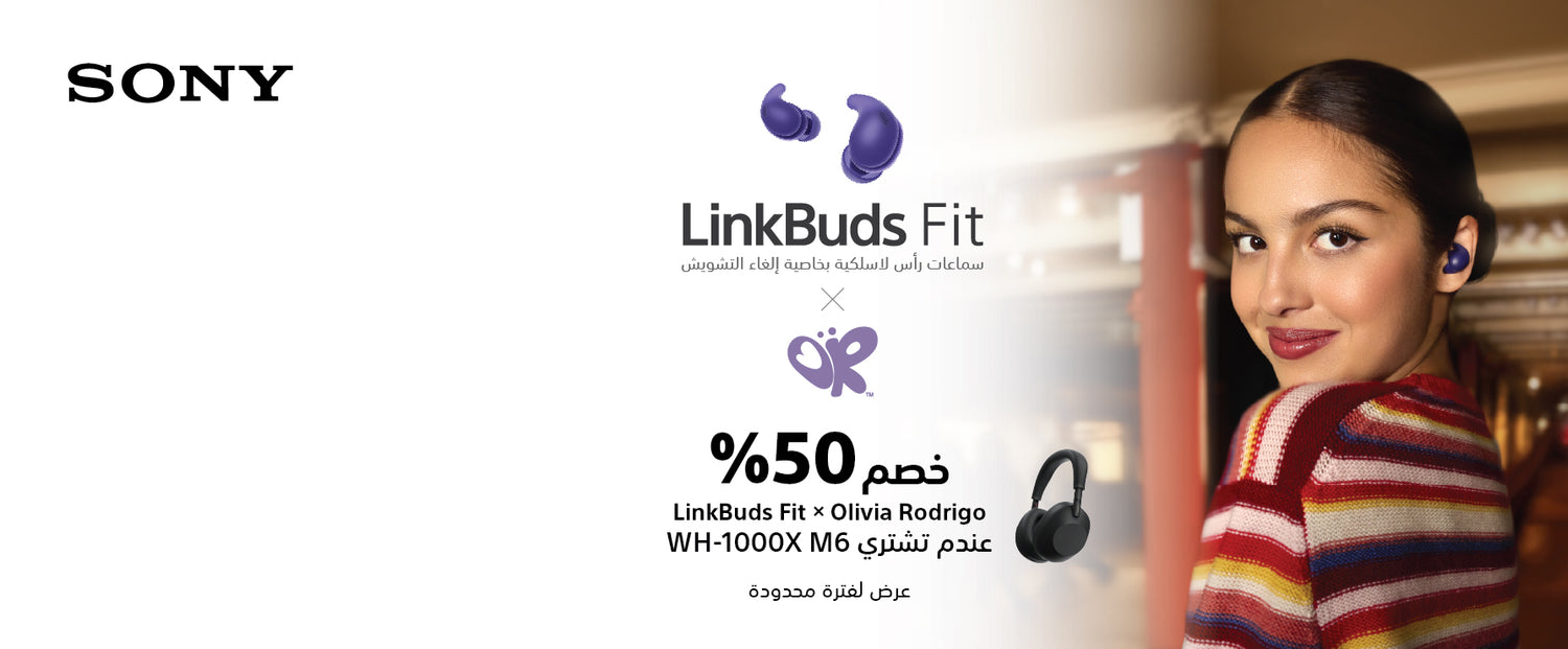 Sony LinkBuds Fit advertisement with a woman wearing the headphones and promotional text.