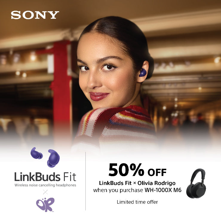 Woman wearing Sony LinkBuds Fit headphones with promotional text overlay.