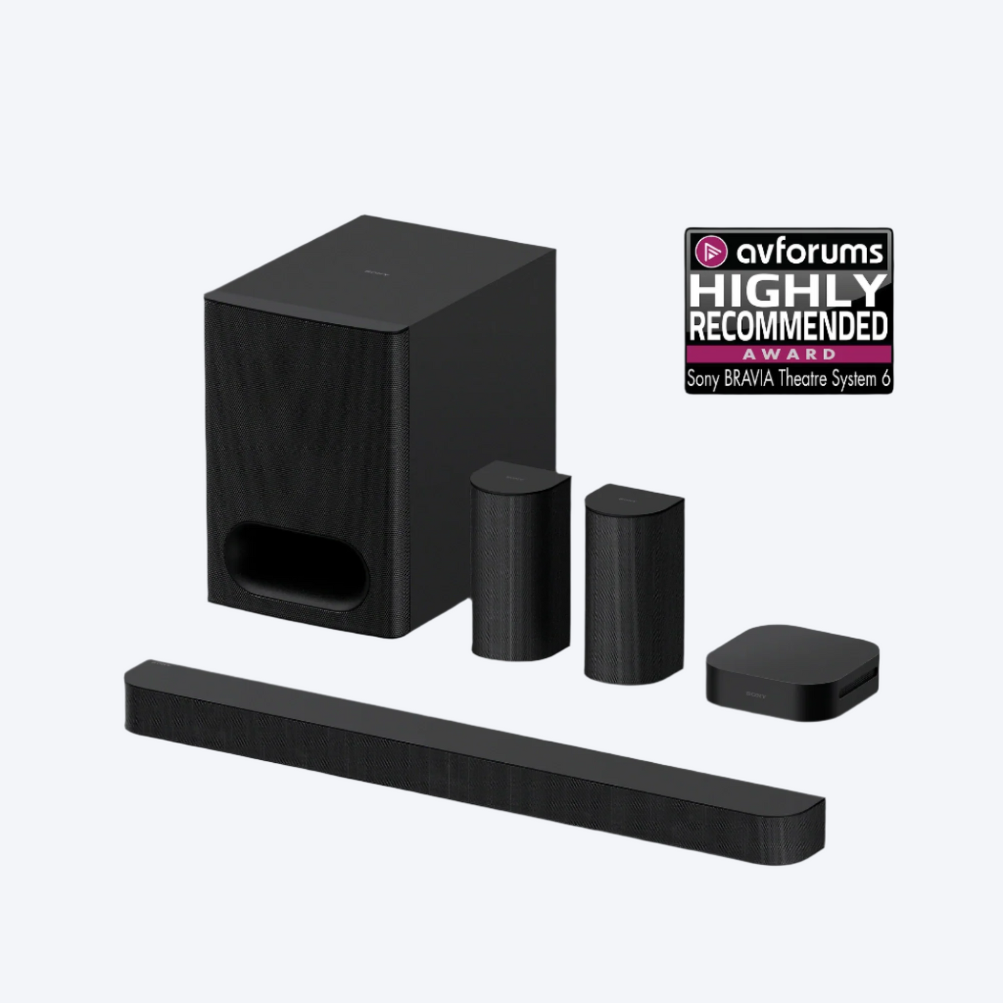 Black Sony soundbar and subwoofer system with 'avforums Highly Recommended' award on a white background