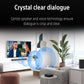 Living room with a TV and speakers, emphasizing crystal clear dialogue technology.