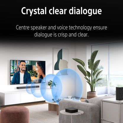 Living room with a TV and speakers, emphasizing crystal clear dialogue technology.