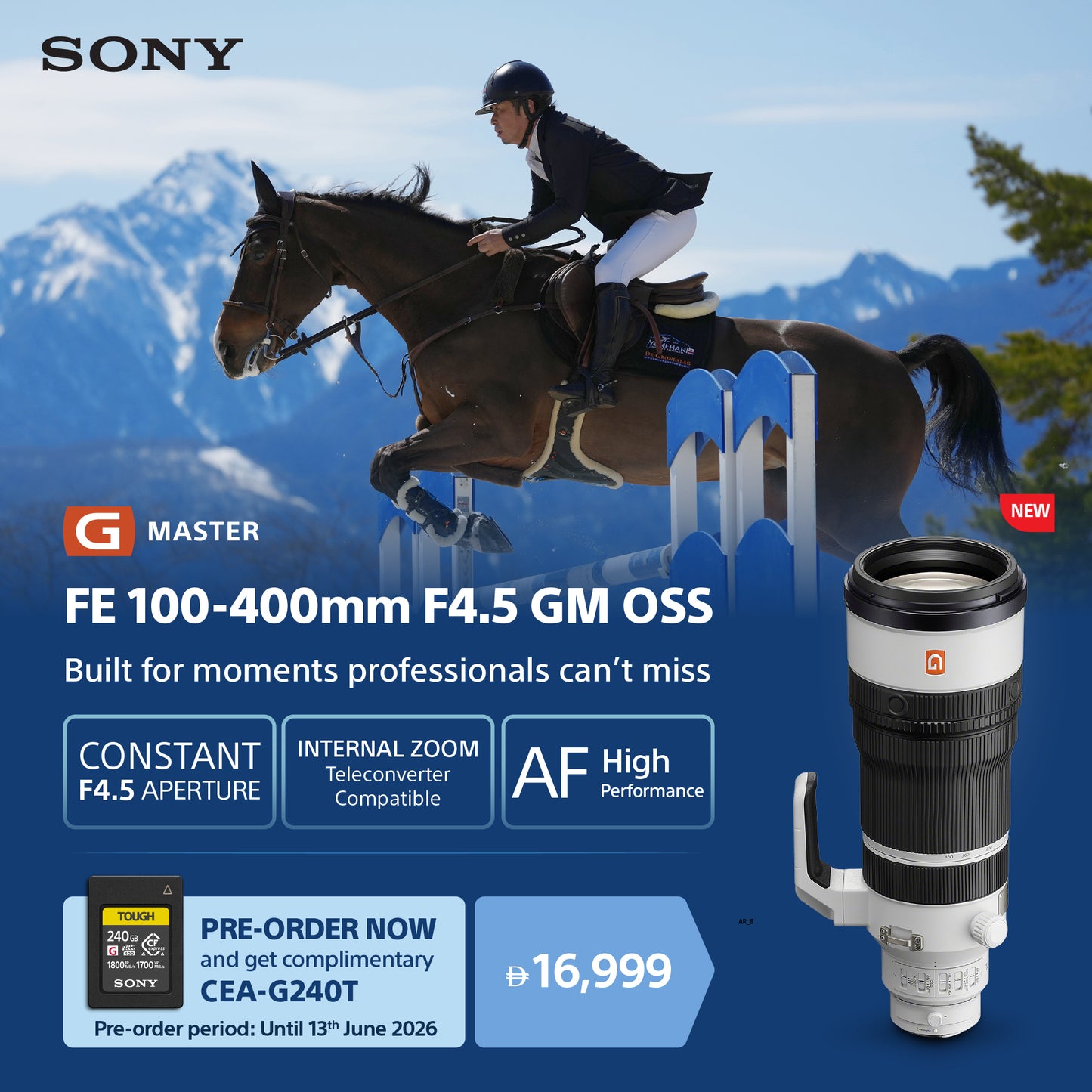 Sony FE 100-400mm F4.5 GM OSS lens advertisement with a horse and rider in the background