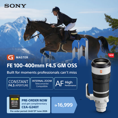 Sony FE 100-400mm F4.5 GM OSS lens advertisement with a horse and rider in the background
