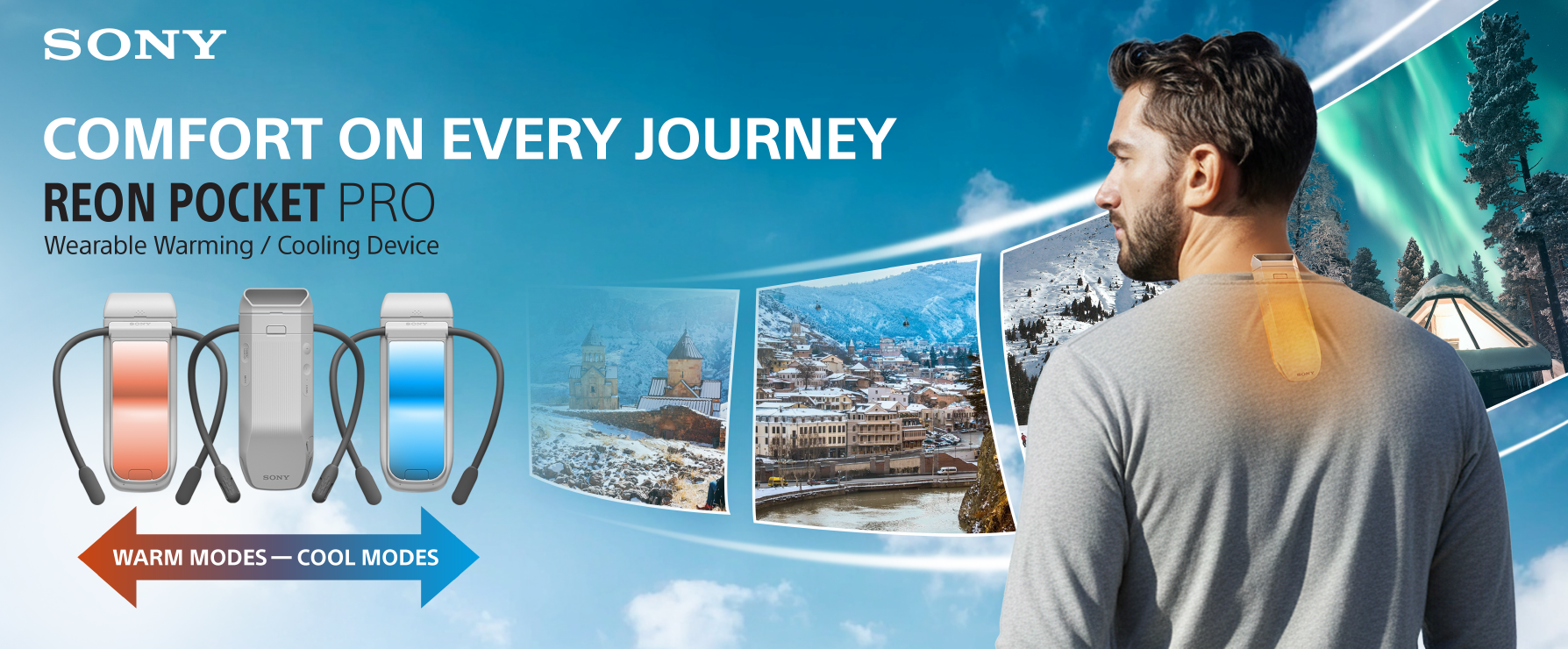 Advertisement for Sony REON Pocket Pro wearable warming device with a man wearing it in a snowy landscape.