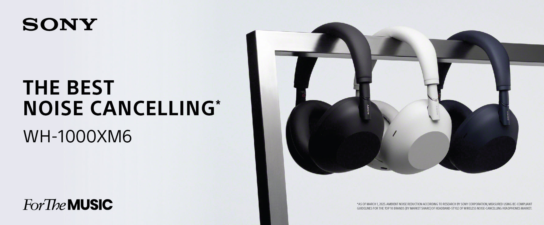 Sony WH-1000XM6 noise-canceling headphones displayed on a stand with 'Sony' branding.