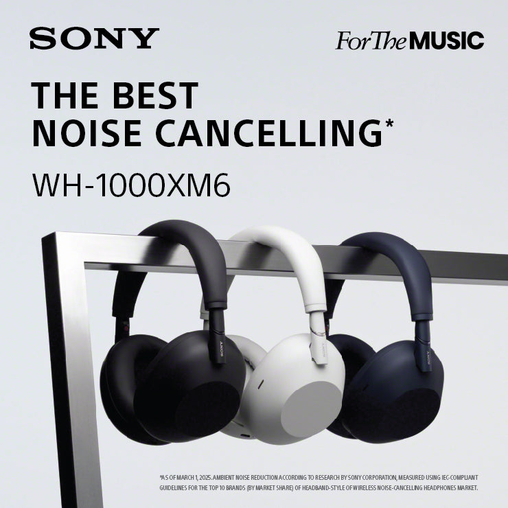 Sony WH-1000XM6 noise-cancelling headphones with brand logo and product name on a light gray background.