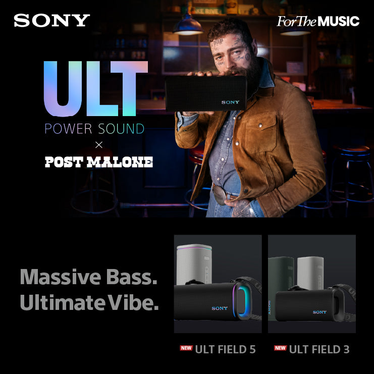 Sony ULT Power Sound with Post Malone branding in a dark setting.